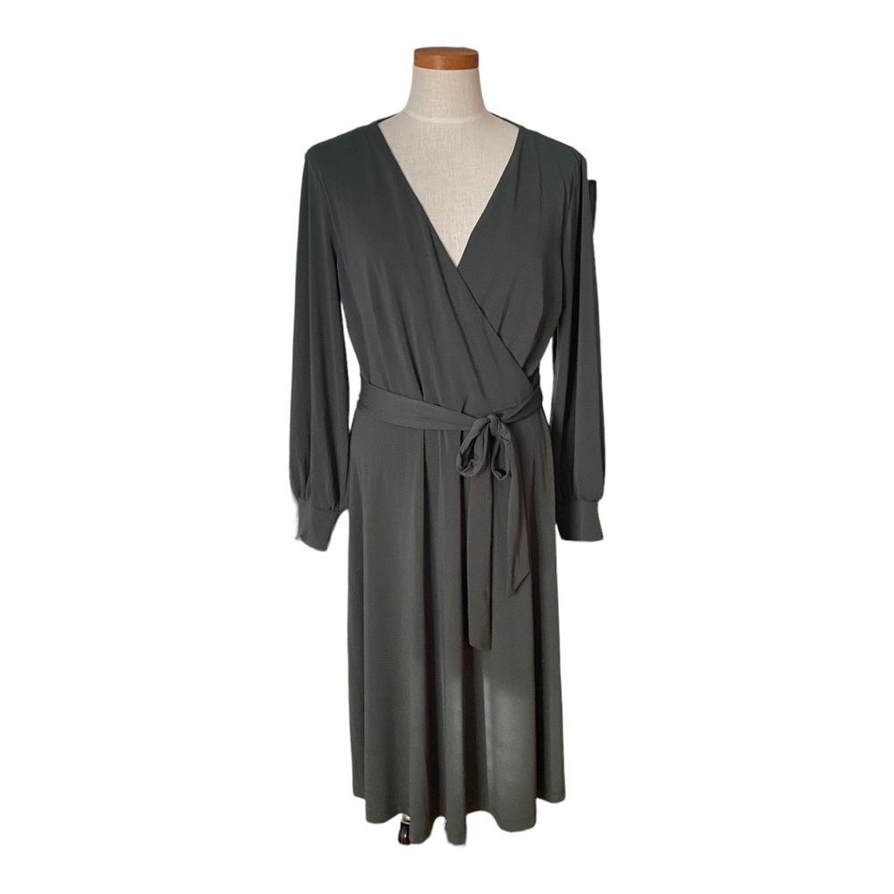 Olive green wrap style dress. Elegant, flowy, bell sleeves.